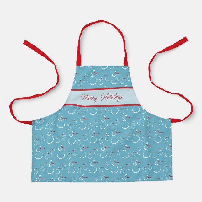 Cyan Red Merry Holidays Niedlich Snowman Pattern Schürze (Vorderseite)