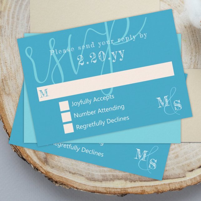 Cyan White Calligraphy Wedding RSVP Card Karte (turquoise cyan aqua aquamarine rsvp card elegant calligraphy script wedding return reply card)