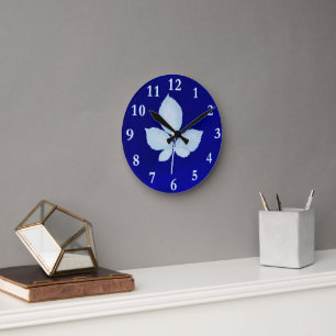 Cyano Print Bramble-Blätter Runde Wanduhr