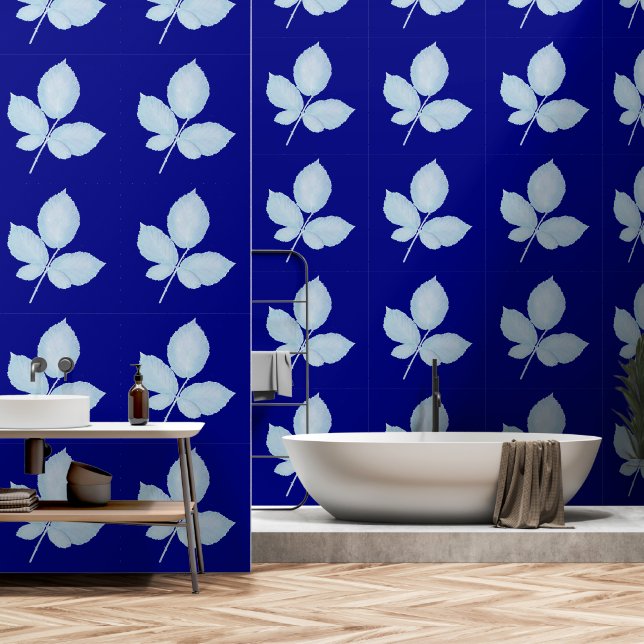 Cyano Print Bramble-Blätter Tapete (Badezimmer)