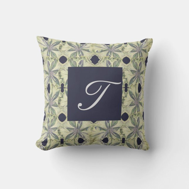 Cyanus-Blume Handgezeichnet w-Navy-Monogramm Kissen (Vorderseite)
