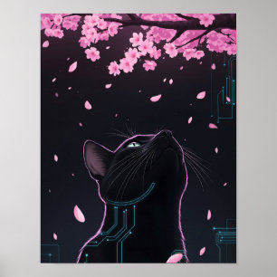 Cyber Cat Blossom Blick Noir Futuristic Feline Poster