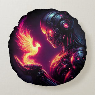 Cyber futuristischer Roboter Phoenix-Feuergeist Rundes Kissen