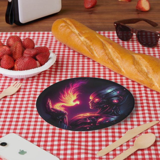 Cyber futuristischer Roboter-Phönix-Feuergeist Pappteller (Picknick)