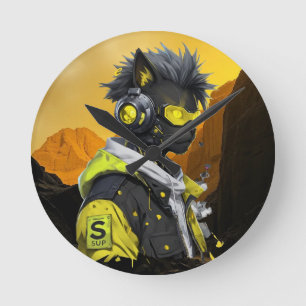 Cyber Katze Futuristische Neon-Hacker-Katze Cybe Runde Wanduhr