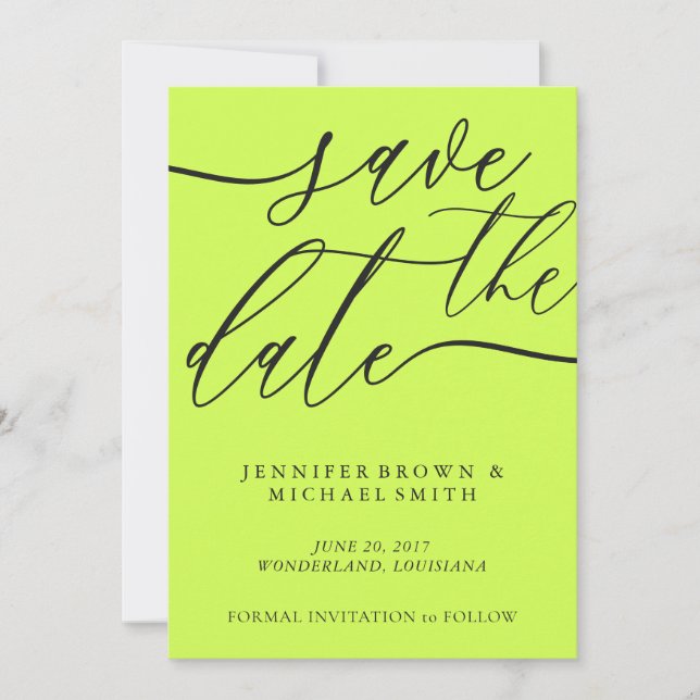 Cyber Lime Jet Black Custom Photo Calligraphy Save The Date (Vorderseite)