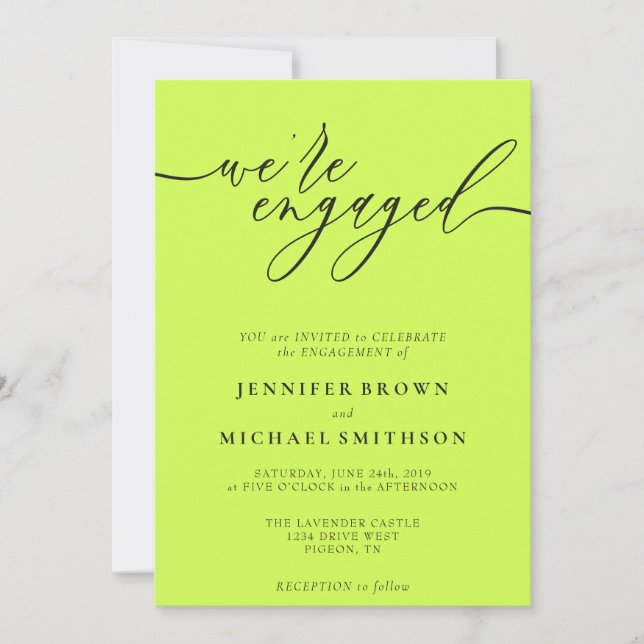 Cyber Lime & Jet Black Minimal We are Engaged Einladung (Vorderseite)