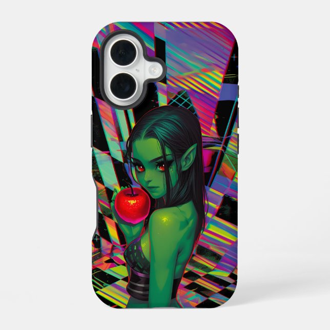 Cyber Märchen Elf mit rotem Apfel iPhone 16 Hülle (Rückseite)
