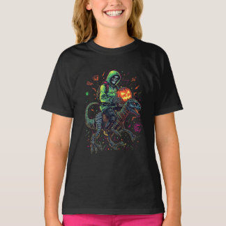Cyber Neon Skeleton Riding Robo Dino - Halloween T-Shirt
