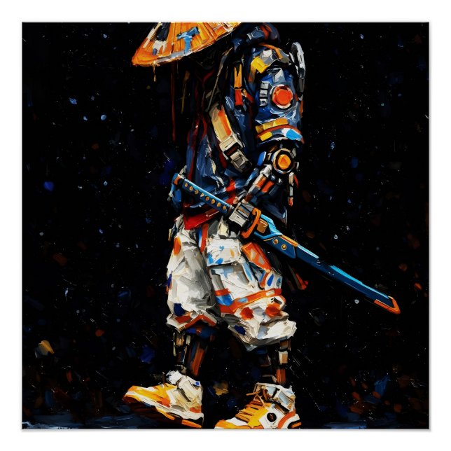 Cyber-Ninja-Palettenmesser Neonorange Impasto Poster (Vorderseite)