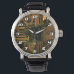 Cyber Orange PCB Circuit Board Trace Pattern Art Armbanduhr<br><div class="desc">Infuse your gear with a high-tech aesthetic featuring this high-definition graphic of a bare Printed Circuit Board (PCB). Designed for those who appreciate the foundational architecture of digital technology, this visual focuses on the minimalist beauty of a deep orange solder mask accented by a complex network of silver conductive traces...</div>