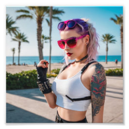 Cyber Punk 80er Babe am Strand Fotodruck