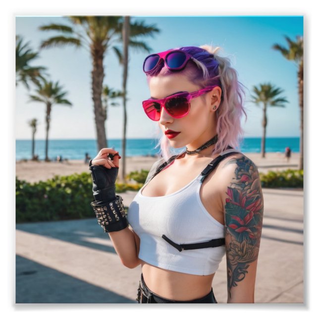 Cyber Punk 80er Babe am Strand Fotodruck (Vorne)