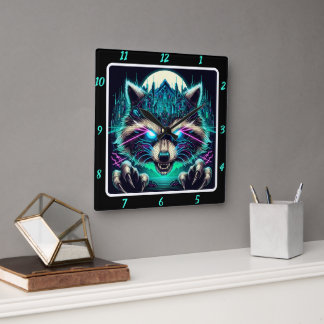 Cyber Raccoon Urban Neon Quadratische Wanduhr