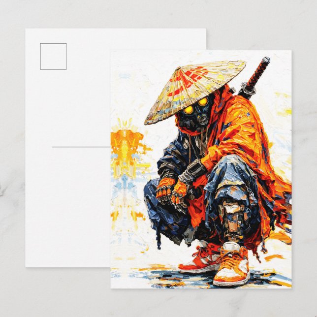 Cyber Samurai Palette Knife Neon Orange Impasto Postkarte (Vorne/Hinten)