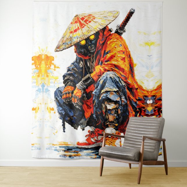 Cyber Samurai Palette Knife Neon Orange Impasto Wandteppich (Beispiel)