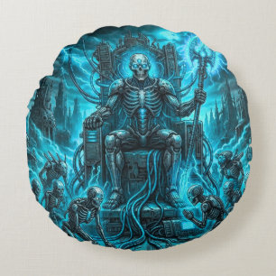 Cyber-Skelett-König & Sensenmann Electric Blue Rundes Kissen