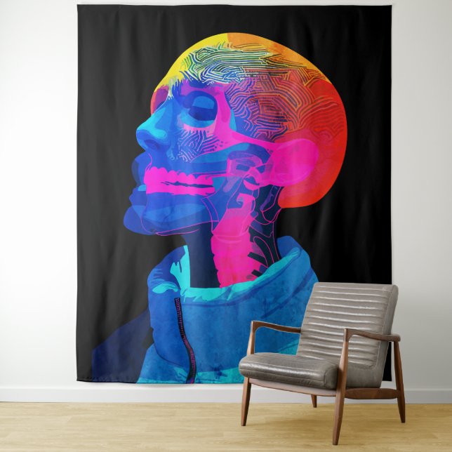 Cyber Skull - Futuristische Anatomie Kunst Wandteppich (Beispiel)