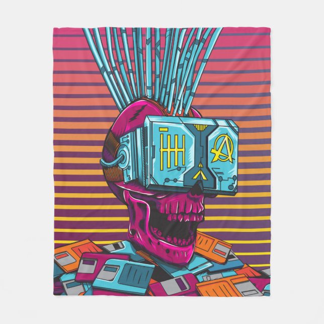 Cyber Skull Virtual Reality Cyberpunk-Diskette  Fleecedecke (Vorderseite)