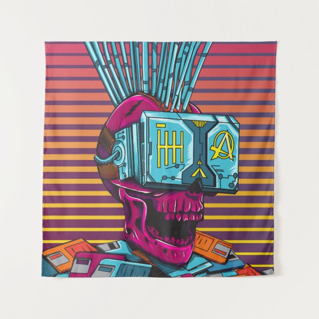 Cyber Skull Virtual Reality Cyberpunk-Diskette  Wandteppich (Vorderseite)
