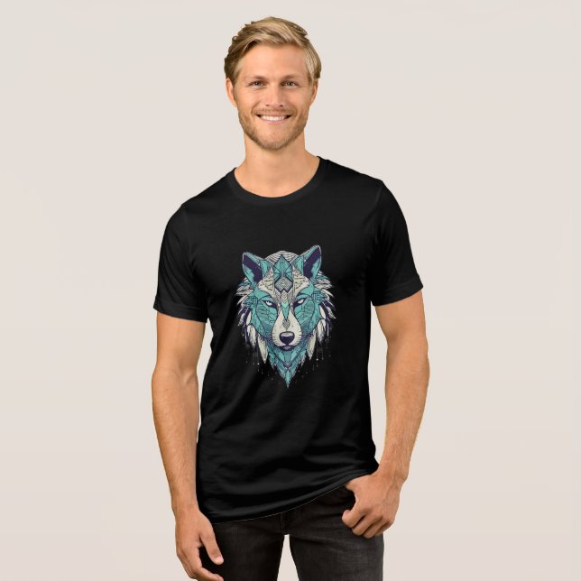 Cyber Tribal Blue Wolf Head Tri-Blend Shirt (Vorderseite voll)
