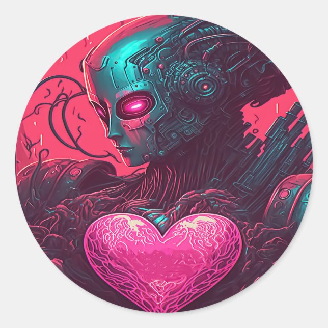 "Cyber Valentine" Design der Cybernetischen Frau Runder Aufkleber (Vorderseite)