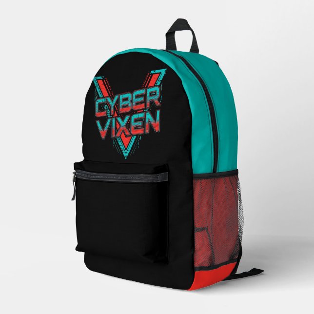 Cyber Vixen - Gamer Girl - Red Teal Gaming Graphic Bedruckter Rucksack (Rückseitige Ecke Rechts)
