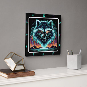 Cyber Waschbär Neon Skyline Quadratische Wanduhr