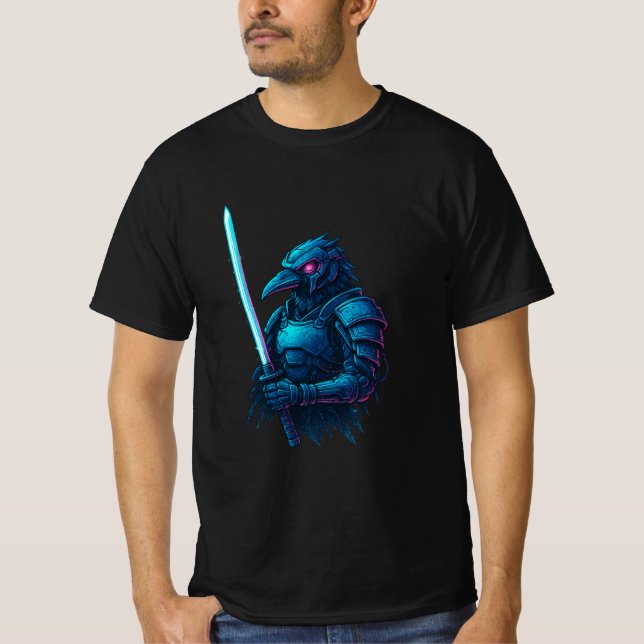 Cybernetic Crow Ronin – Neon Samurai Bird Warrior T-Shirt (Vorderseite)