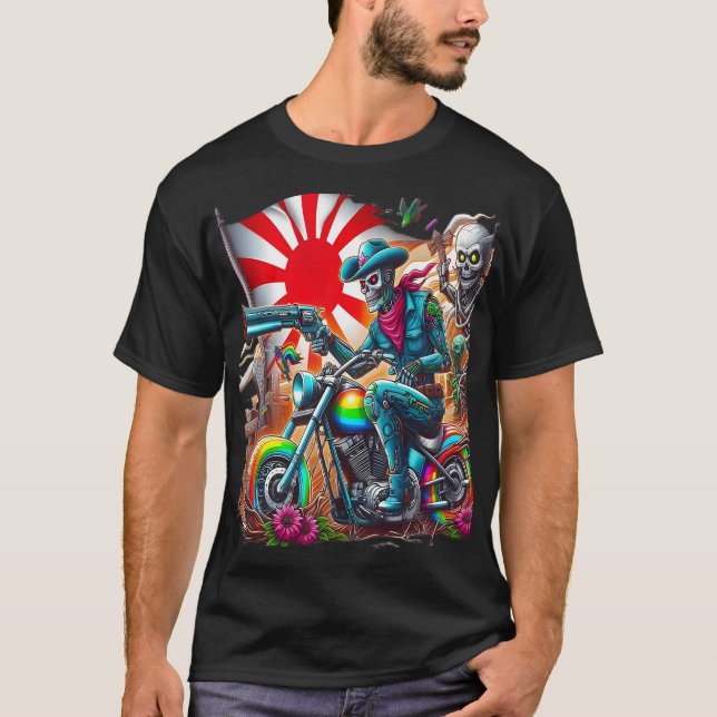 Cybernetic Knight on Rainbow Motorcycle T-Shirt (Vorderseite)