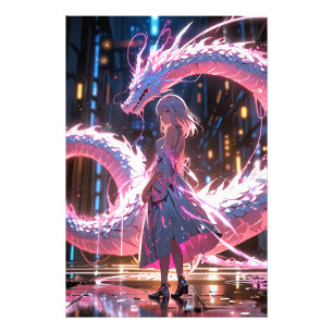 Cyberpunk-Anime-Girl Neon-Drache Fantasy-Kunst Fotodruck