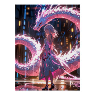 Cyberpunk-Anime-Girl Neon-Drache Fantasy-Kunst Poster