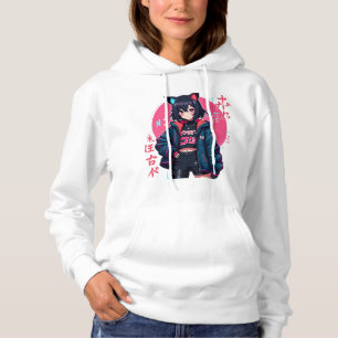 Cyberpunk Anime Girl with Cat Ears- Neon Ästhetik Hoodie