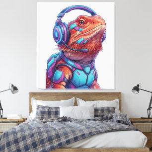 Cyberpunk-Bartiger Drache - Gamer-Echse mit Köpfen Leinwanddruck