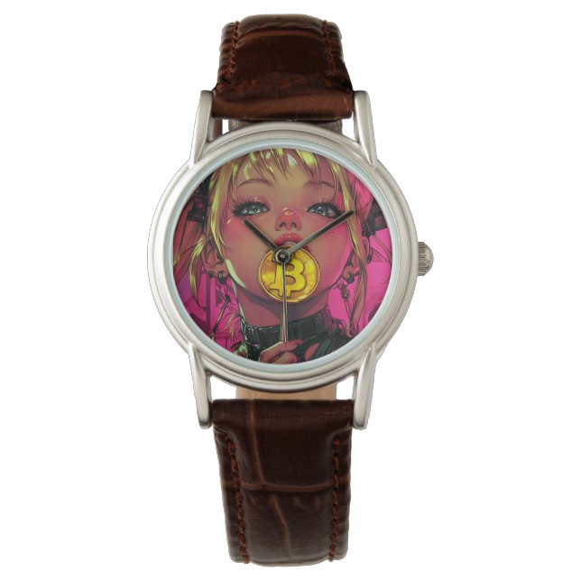 Cyberpunk Bitcoin Waifu Crypto Anime Watch Armbanduhr (Vorderseite)