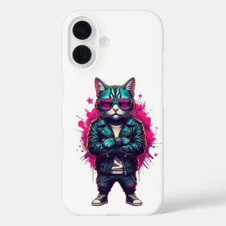 Cyberpunk Cat iPhone 16 Case - Neon Samurai Street