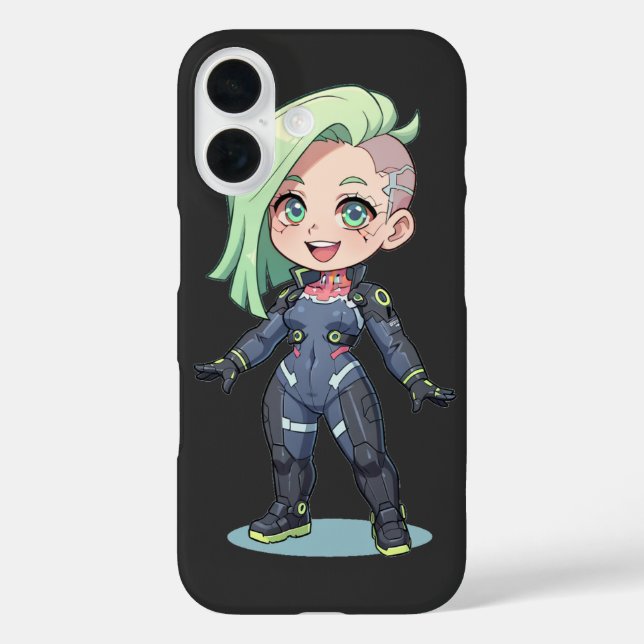 Cyberpunk Chibi Girl Green Hair iPhone 16 Hülle (Rückseite)
