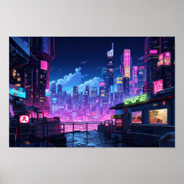 Cyberpunk City Night Café Poster