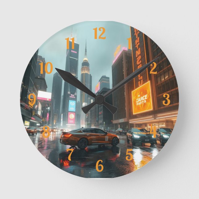 Cyberpunk City Skycrapper Cars Runde Wanduhr (Vorderseite)