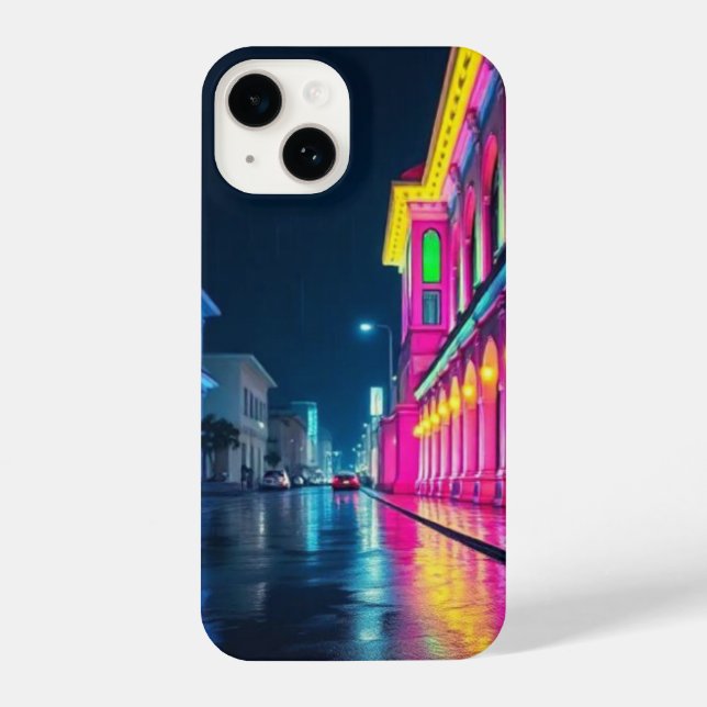 Cyberpunk City Street in der nächtlichen Telefonze iPhone 14 Hülle (Rückseite)