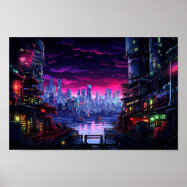Cyberpunk City Waterfront Poster