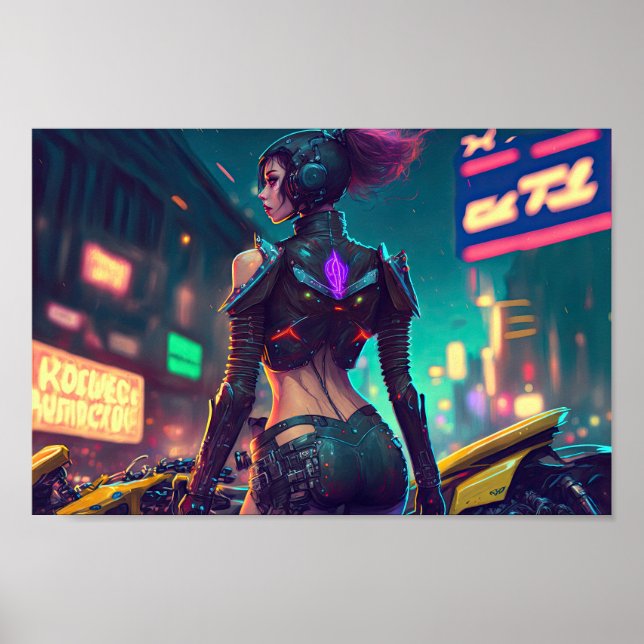 cyberpunk cityscape neon lights motorcycle woman poster (Vorne)