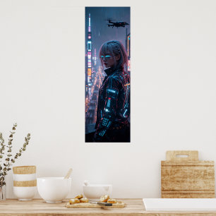Cyberpunk Cityscape Poster Futuriste Femme Hacke