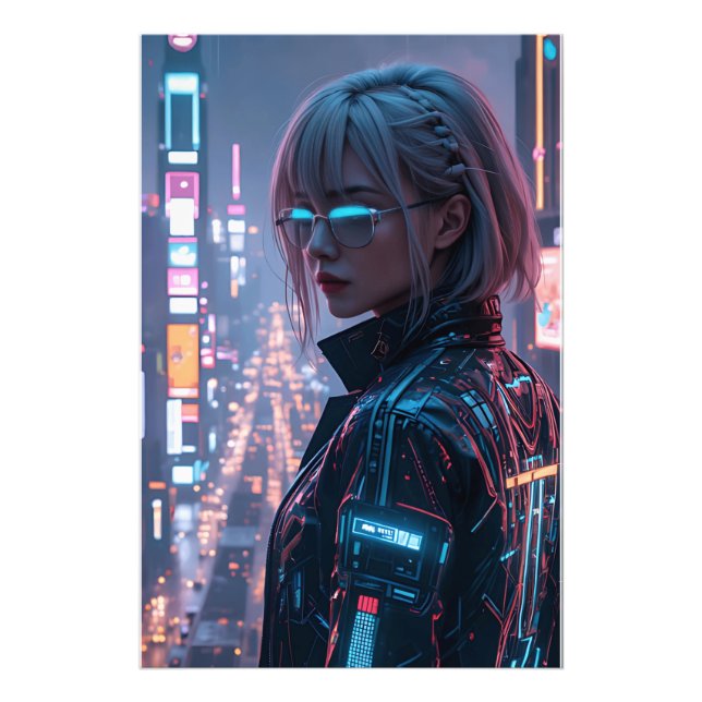 Cyberpunk Cityscape Poster Futuriste Femme Hacke (Devant)