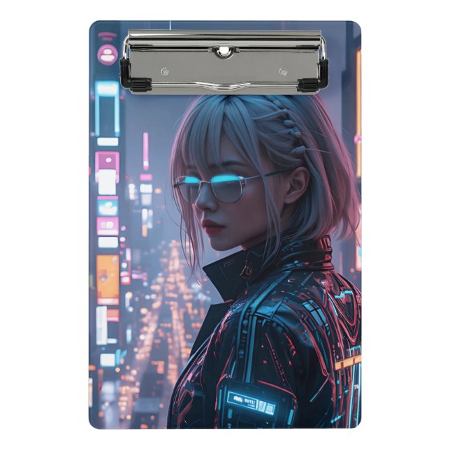 Cyberpunk Cityscape Poster Futuristische Weibliche Mini Klemmbrett (Vorderseite)