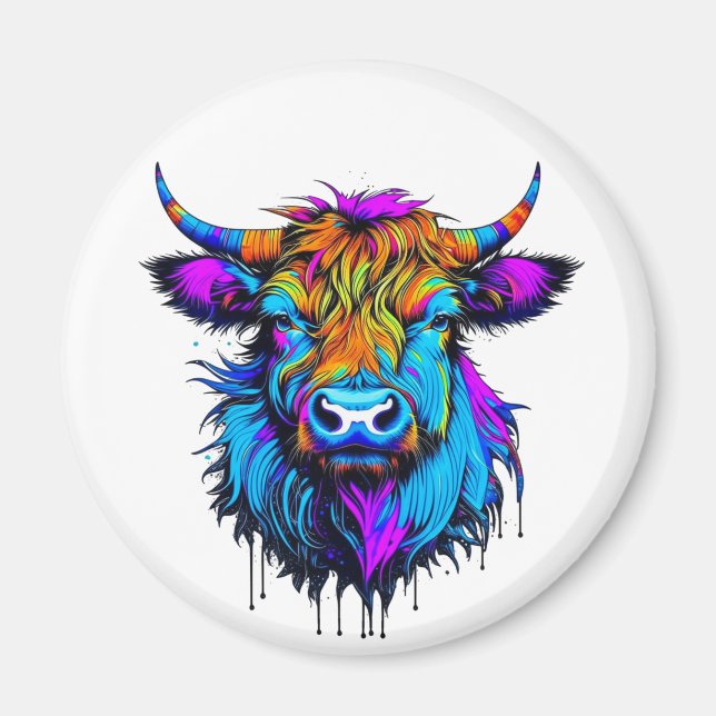 Cyberpunk Colorful Ai Highland Cow Magnet (Vorne)