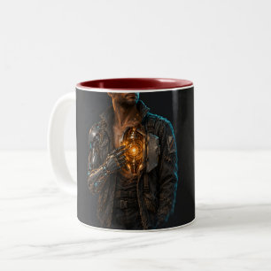 Cyberpunk, Cyborg, Samurai, Neon, Synthwave, Krieg Zweifarbige Tasse