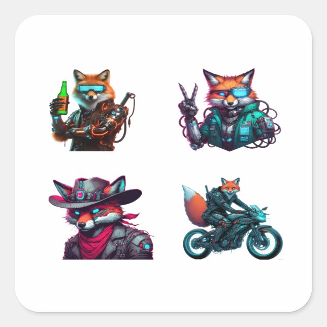 Cyberpunk Fox Funny 4 Pack Stickers (Vorderseite)