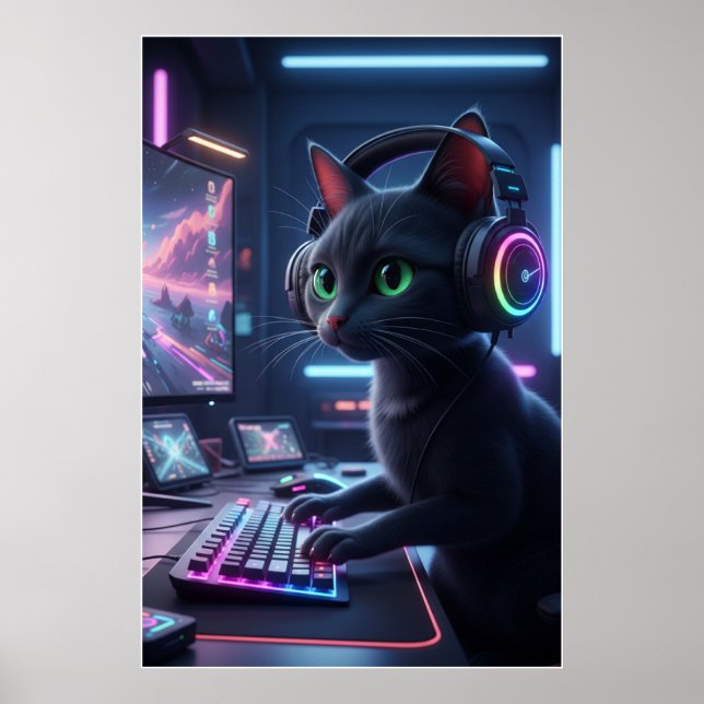 Cyberpunk Gamer Cat Art Poster (Devant)