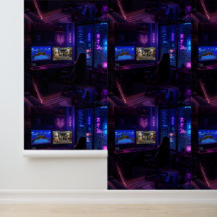 Cyberpunk-Gaming-Setup Neon-Raum-Ästhetik-Kunst-Po Tapete